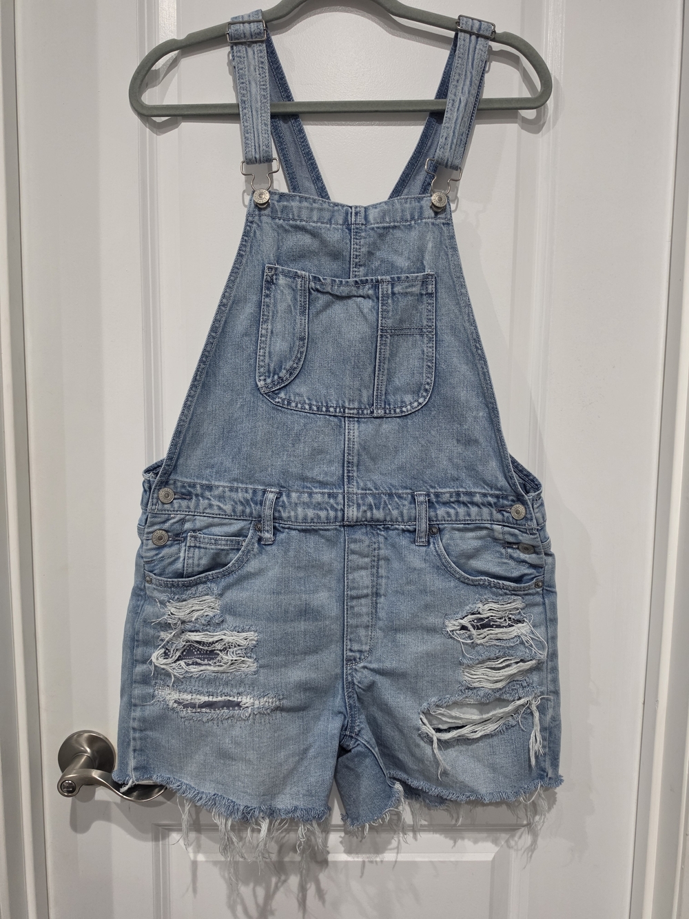 American Eagle Outfitters Light Wash Distressed Denim Overall Shorts